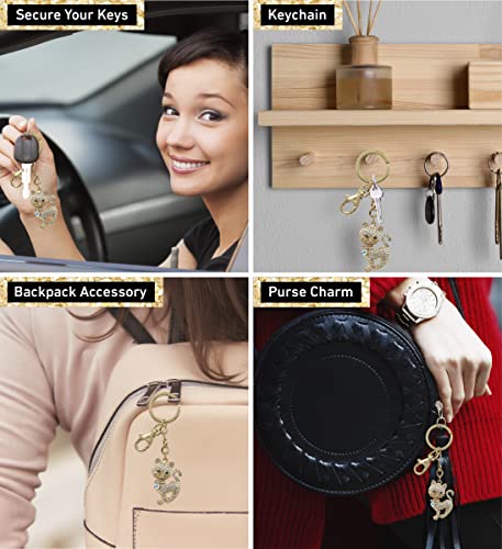 Aqua79 Stylish Cat Keychain - Gold 3D Sparkling Charm Rhinestones Fashionable Stylish Metal Alloy Durable Key Ring Bling Crystal Jewelry Accessory With Clasp #TOP2