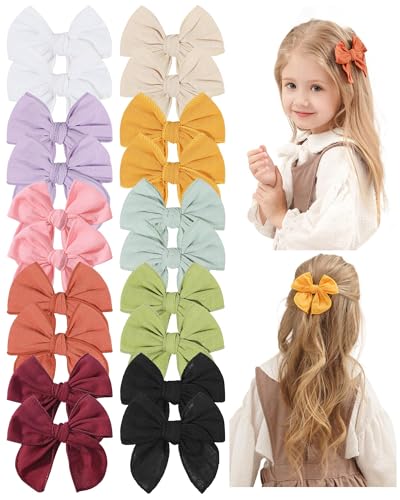 doboi 20PCS Fable Bows 3.6 Inch Hair Clips Baby Girls Hair Clips Cotton Linen Bows for Girls Solid 10 Color Hair Accessories for Baby Toddlers Kids