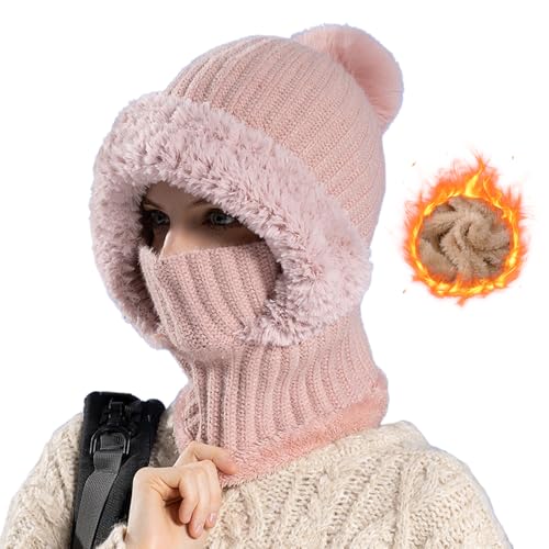 Sturmhaube Mütze Winter, 2026 Neu Wintermütze für Damen, Plüsch Sturmhaube Mütze Winter Thermo Skimaske Winddichte Vollgesichtsmaske 3 in 1 Beanie Mütze Warm Strickmütze & Halswärmer Sets (Rosa)