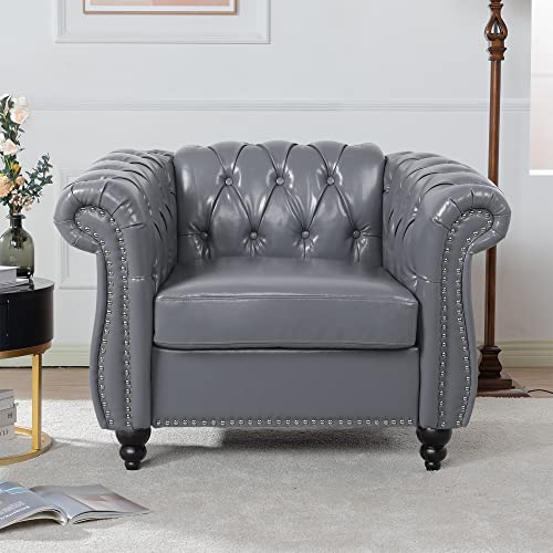 Image of LEVNARY Leather Upholstered Armchair, Mid-Century Modern Single Sofa Chair with Rolled Arms and Nailhead, Tufted Pu Leather Chesterfield Chair for Home Bedroom Reading Room (Gray)
