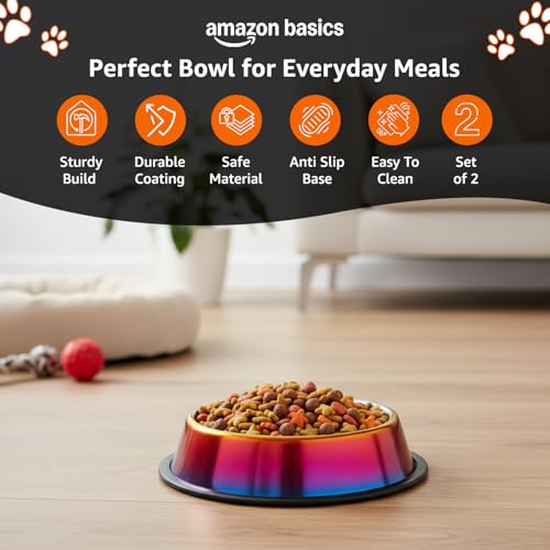 Image of Amazon Basics Stainless Steel Pet Feeding Bowls for Dog & Cats | Anti Slip Base | Set of 2 | 700 ml Each | Rainbow Color