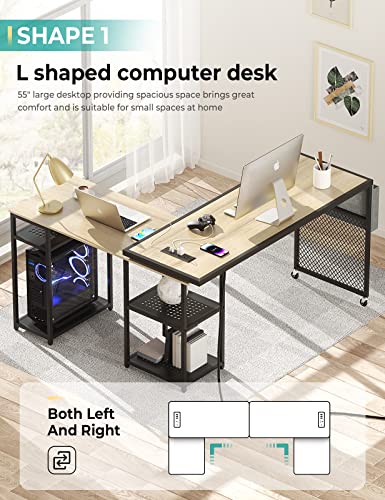 55" L Shaped Computer Desk With Power Outlets For Home Office Desks, Wooden Gaming Desk With Storage Shelves/Bag, Modern Simple Corner Desk For Small Space Student Study Writing L Shaped Desk, Oak #TOP2