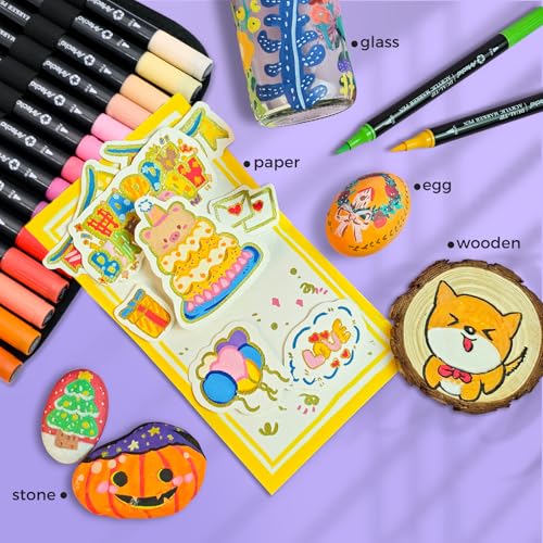 Image of Artecho Acrylic Paint Markers 48 Colors with Bag, Acrylic Paint Pens with Brush Tip and Fine Tip for Stone, Rock Painting, Paper, Pumpkin, Wood, Egg, Canvas, Ceramic, Fabric, leather, Glass