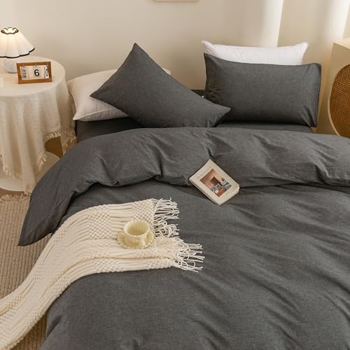Image of ECOCOTT Duvet Cover Set, 100% Washed Cotton Linen-Like Textured Soft & Breathable, Durable Comfy Bedding Set for All Seasons (Grey, California King)