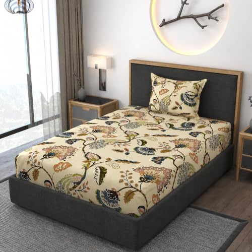 Image of Vaini Premium Heavy Cotton Elastic Fitted Bedsheets with 1 King Size Pillow Covers || Single Bed with All Around Elastic 350 TC || 36 x 78 x 6 Inch Single Size Fitted || :- Jaipuri Peacock