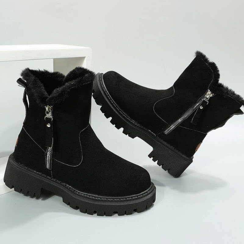 Women's Fur-Lined Winter Ankle Boots, Suede Side Zip Winter Boot, Lug Sole Chunky Heel Fleece Warm Snow Booties