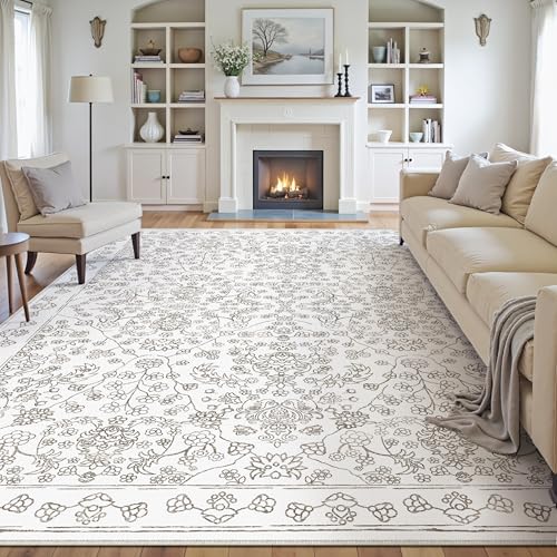 Floral Area Rug 8x10 Washable Taupe Carpet Non Slip Large Boho Thin Farmhouse Throw Accent Rug for Living Room Bedroom Office Kitchen Bathroom