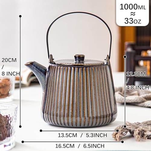 Image of Yundu Ceramic Teapots for Tea, 1000ml /33.8oz Tea Pot with Infusers for Loose Tea, Striped Tea Pot with Removable Tea Infuser - Reactive Brown