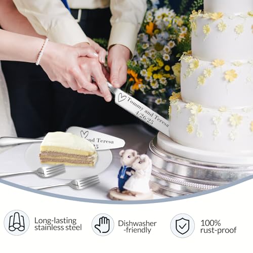 Personalized Wedding Cake Knife and Server Set, Custom Names Cake Cutting Set with Stainless Steel Forks, Customized Bridal Anniversary Birthday Wedding Registry Gifts (Silver)