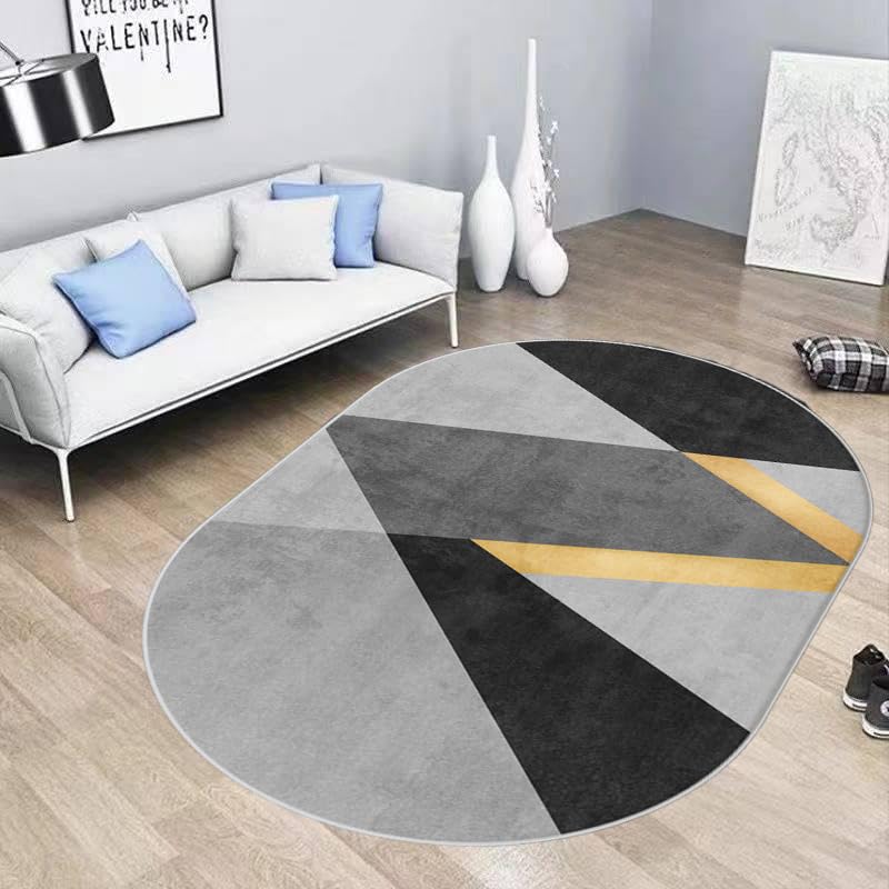 Tapis de sol ovale lavable motif géométrique moderne gris 160x200