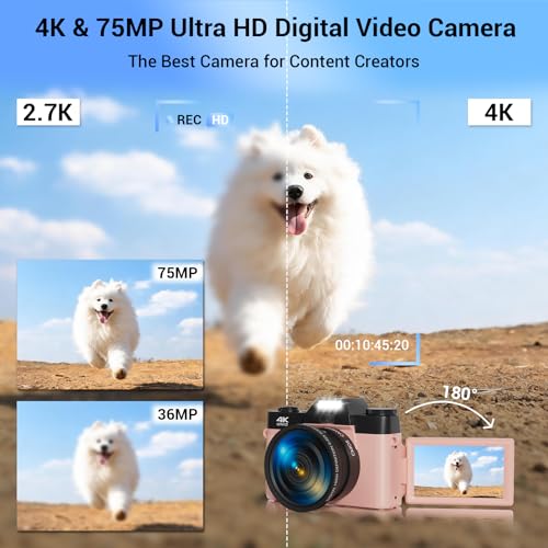 Image of 4K Digital Camera for Photography, 75MP WiFi Vlogging Camera for YouTube, 3 inch 180 Flip Screen Point and Shoot Camera with 64GB SD Card, Anti-Shak & 2 Batteries, Compact Travel Camera for Beginners
