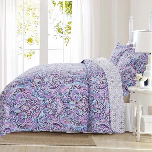 NEWLAKE Cotton Bedspread Quilt Sets-Reversible Patchwork Coverlet Set, European Purple Floral Pattern, King Size