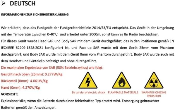 German safety declaration for the Radtel RT-6D PRO radio, including SAR values and general warnings.