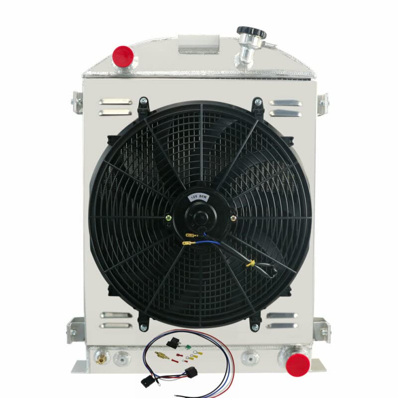RadBuild4 Row Aluminum Radiator Fit 1930-1931 Ford Model A & 1932 Model B & 1938 Model 81 A + Shroud + Fan + Relay, 4 Row Radiator + Fan Shroud & Relay