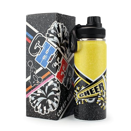 BMHHTM Cheer Water Bottle for Girls 18 oz Insulated Stainless Steel Sports Bottle with Spout Lidw Cheerleader Gift Bulk for Team Squad Gifts (Gold)