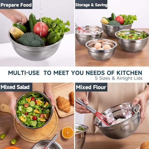 Strelitsia® Mixing Bowls Set of 5,Stainless steel Nesting Bowls with Airtight Lids,Size 5, 4, 3.5, 2, 1.5QT for Baking,Cooking,Prepping and Saving Food,Black - Image 7