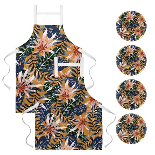 Lot de 2 tabliers de cuisine avec 4 broches à motif feuilles tropicales pour bistrot