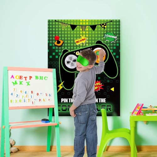 Image of WERNNSAI Pin The Button on The Game - Gamer Party Decorations Birthday Games for Kids Party 21 inch x 28 inch Game Poster with 24 Sticker for Boys Gaming Night Birthday Wall Home Room Decorations | Video Game Party Decorations,Birthday Games for Kids,28 inch x 21 inch Poster with 24 Stickers and Blindfold