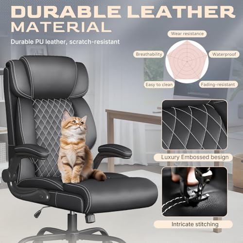 Image of Office Chair-Executive High Back Breathable Big and Tall Office Chair Flip-up Armrests Lumbar Support-Ergonomic Leather Rolling Swivel Chair with Rock Function for Working Studying Gaming,4 Pack