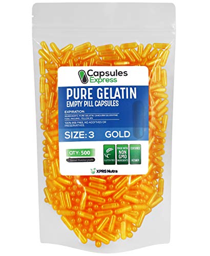 XPRS Nutra Size 3 Empty Capsules - Empty Gelatin Capsules - Capsules Express Empty Pill Capsules - DIY Capsule Filling - Pure Bovine Pill Capsules Empty Gel Caps (500 Count, Gold)