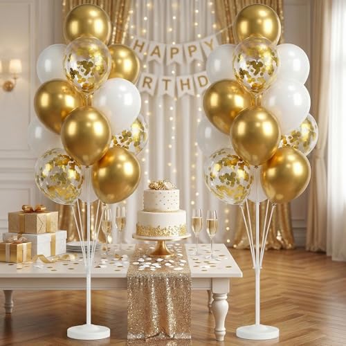 Image of Balloon Column Kit Floor-Set of 2 with Gold Balloons-5FT Balloon Tower Stand Sticks with Water Base&Pole,Balloon Pillar Decoration for Anniversary Birthday Party,Baby Shower,Wedding,Bachelorette Party