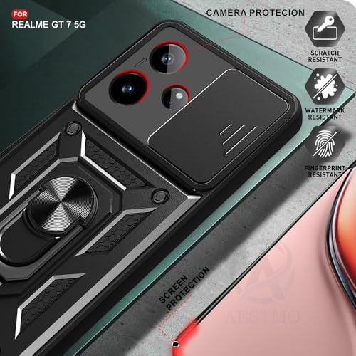 Image of AESTMO Tough Armor Realme GT 7 5G / Realme GT 7T 5G / GT 7 Dream Edition Bumper Back Case Cover | Ring Holder & Sliding Camera Shield Cover | 360 Degree Protection Back Case Cover (Black)