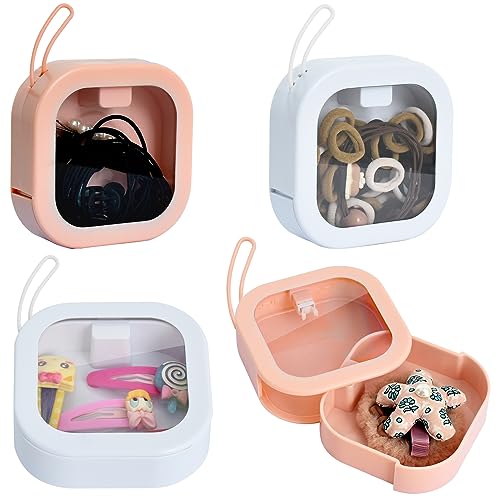 BEISHIDA 4Pcs Hair Tie Organizer Box,Hair Tie Container with Lids, Hair Tie Holder with Silicone Rope for Hair Accessories,Lipstick,Cotton Swabs,Jewelry,Portable Desktop Travel Storage Boxes