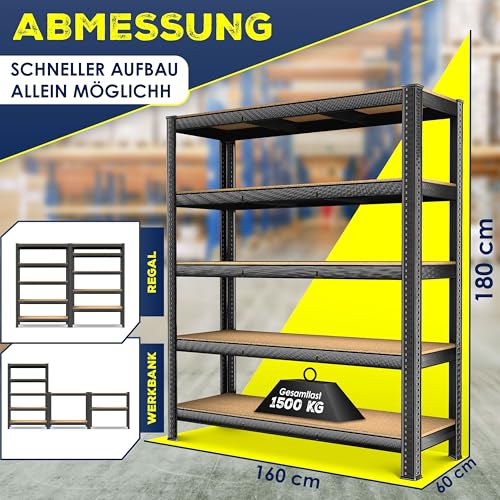 MASKO® Schwerlastregal Lagerregal Kellerregal 180x160x60cm, 1500kg belastbar, 5 verstellbare Ablagen, MDF-Platten Regal aus Metall, Steckregal, Werkstattregal Stahlgestell Garage Werkbank Schwarz