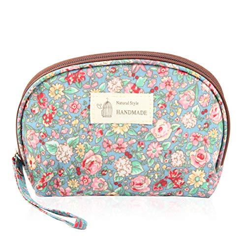 Multifunction Travel Cosmetic Makeup Pouch Bag - Print Toiletry Purse Metallic Zip Clutch, Striped Wristlet, Leopard (Round Ziparound - Floral Blue)