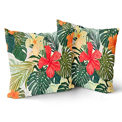 Summer Tropical Leaf Pillow Cover Set of 2 Hawaiian Monstera Palm Leaves and Floral Cotton Decorative Throw Pillow Case Cushion Cover for Bedroom Sofa Living Room Couch Chair Office 18 x 18 Inch