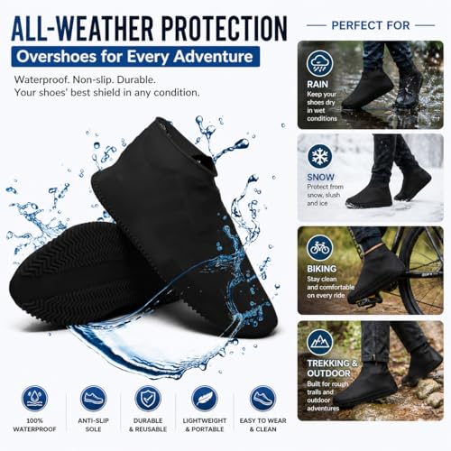 Image of Silicone Waterproof Rain Shoe Cover | Shoe Care & Accessories, Reusable, Non Slip Shoe Covers for Men Women Kids, Durable Overshoes for Rain, Snow, Biking, Trekking & Outdoor Use (Black, Medium US 4-6.5)
