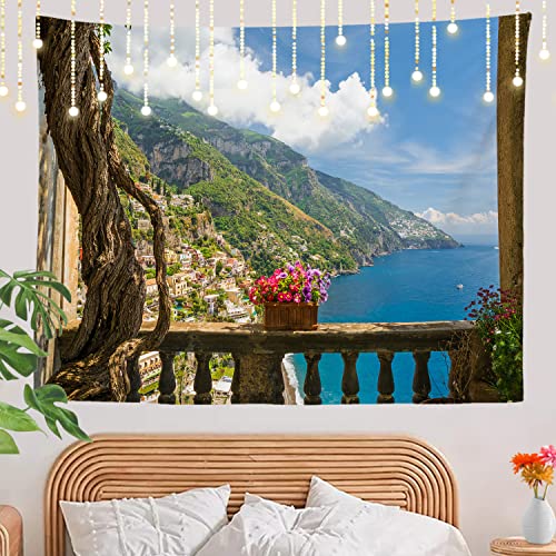 Shrahala Beautiful Positano Wall Tapestry, Amalfi Coast Italy Blue Coast Spring Wall Hanging Large Tapestry Decoration Polyester Fiber White Hem Around For Dorm Room Bedroom 51.2 X 59.1 In #TOP1