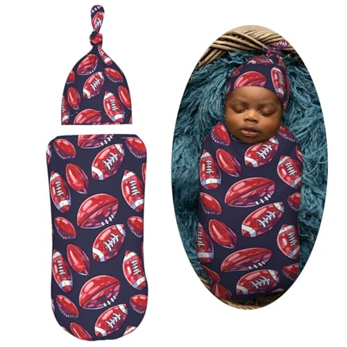 Image of American Cartoon Football Newborn Swaddle Blankets Hat Sets Soft Baby Receiving Blanket Swaddle Sack for Baby Shower Infant Boy Girl Gift
