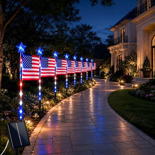 8 Solar American Flag Pathway Lights Waterproof American Flag Pole Light Solar Powered 4th of July Yard Led Decorations Outdoor Red White and Blue Lighted Rag Decorations for Outside