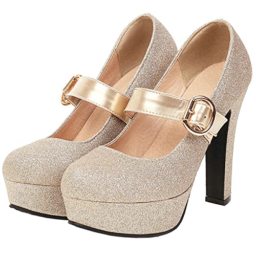 ClassicSter Womens Glitter Mary Jane Platform Pumps Round Toe Chunky High Heel Pumps with Ankle Strap