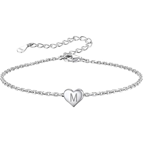 Silvora 925 Sterling Silver Initial Bracelets Heart A-Z Letter Bracelets Hand Link Charm Dainty Bracelet for Women