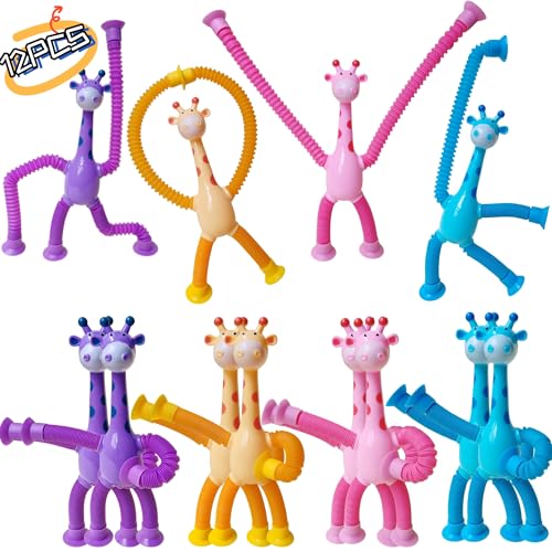12 Pcs Telescopic Suction Cup Giraffe Toy-Sucker Pop Tube Fidget Sensory Toys Party Favors for Kids Toddler Age 3 4 5 6 7 8 9,Birthday Return Gifts Goodie Bag Stuffers Classroom Prize