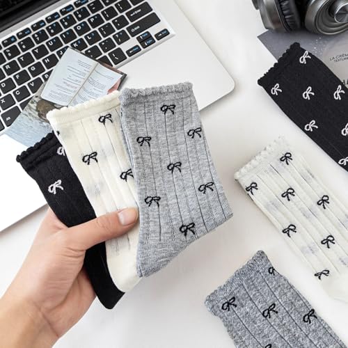 Image of Women's Cute Crew Socks, Casual Athletic Cotton Bowknot Cherry Calf Novelty Socks for Women