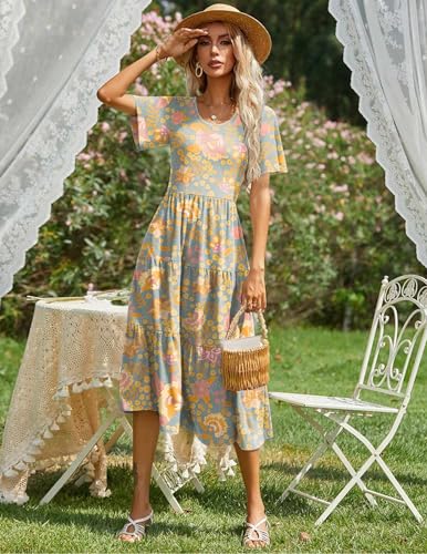 Image of Zeagoo Women's Summer Dress Midi Floral Flutter Short Sleeve Casual Dresses with Pockets Tiered Flowy Boho Beach Dress