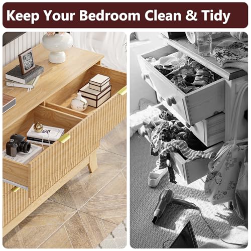 Image of Dresser 6 Drawer Dresser for Bedroom, 47''W Fluted Wooden Dresser Storage Cabinet and Chest of Drawers with Metal Handle, Storage Organizer for Living Room, Hallway, Entryway, Nature Oak