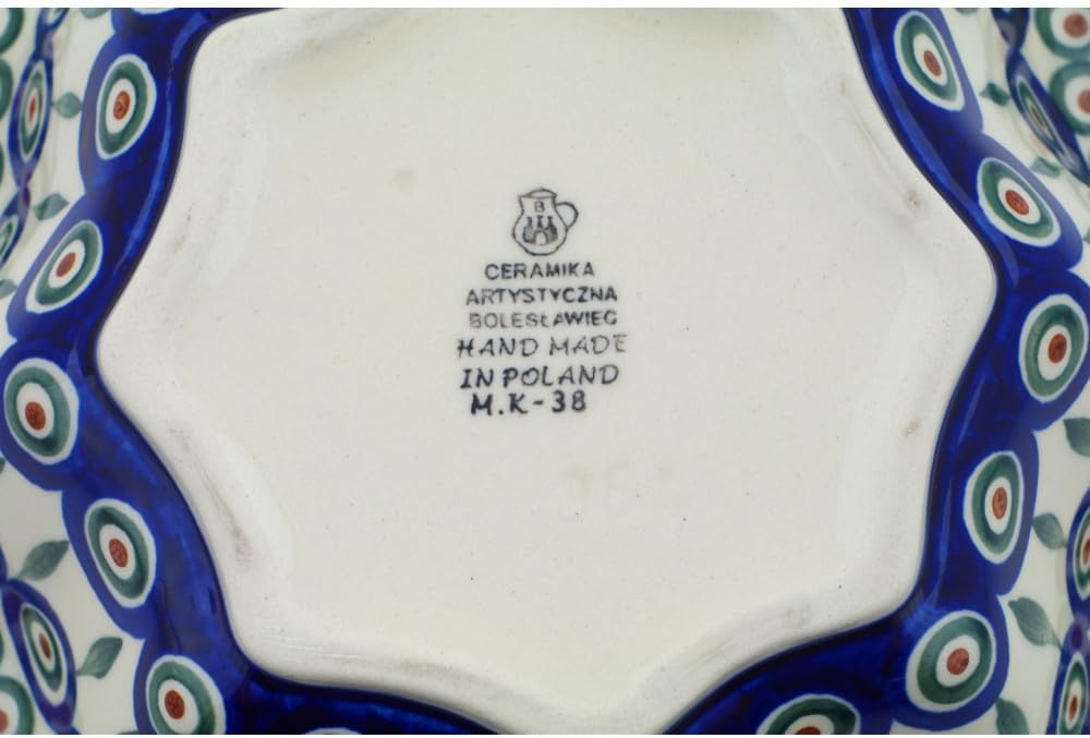Polmedia Polish Pottery Scalloped Fluted Bowl 10-inch - Peacock Leaves Pattern Handmade in Boleslawiec Poland by Ceramika Artystyczna + Certificate of Authenticity