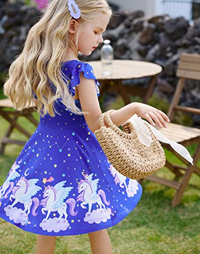 Quedoris Girls Twirly Printed Casual Party Dress Ruffle Sleeve Galaxy Unicorn Cap L #TOP1