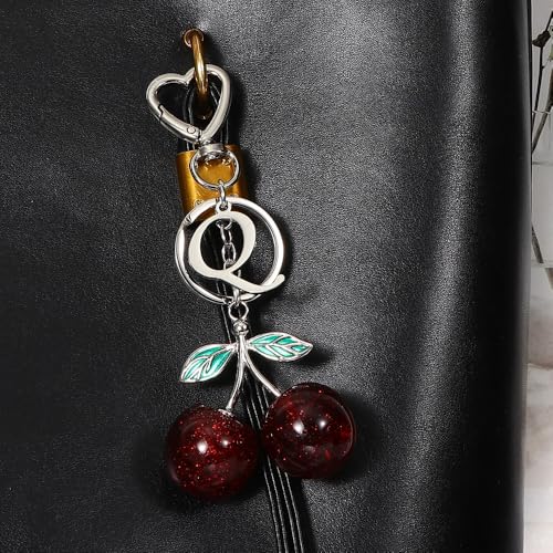 Heart-Shaped Keychain with Initial A-Z and Cherry Charm Bag Charms for Women,Car Accessories
