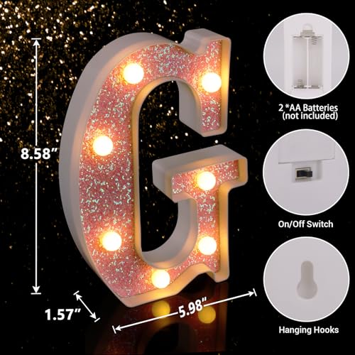 Image of LED Letter Lights Pink Glitter Marquee Letters Light Up Alphabet Letters Sign Battery Powered for Home Party Decoration Night Bar Wedding Birthday Christmas Lamp Girls Gift - Letter G