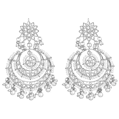 Image of Peora Traditional Jewellery Rhodium Kundan & Pearl Maang Tikka Earring Set for Women Girls