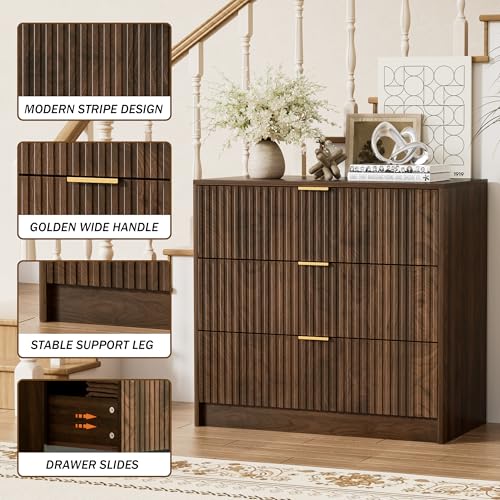 Image of Furniway 31.5 inch Large Nightstand with 3 Drawers, Fluted Bedside Table, Modern Tall End Table with Storage, Wood Night Stand Organizer Cabinet for Bedroom, Walnut