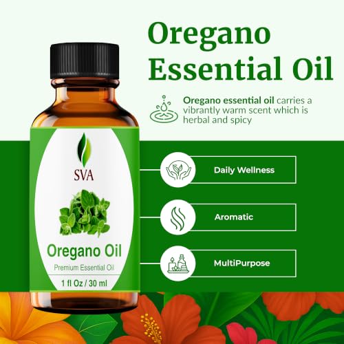 Image of SVA Oregano Essential Oil, Glass Bottle with Dropper, 1 Fl Oz (30 ml) | Oregano Oil for Oral Care, Diffuser, Humidifier, Body Massage, Home Fragrance, Soap Making, Candle Making & DIY Projects