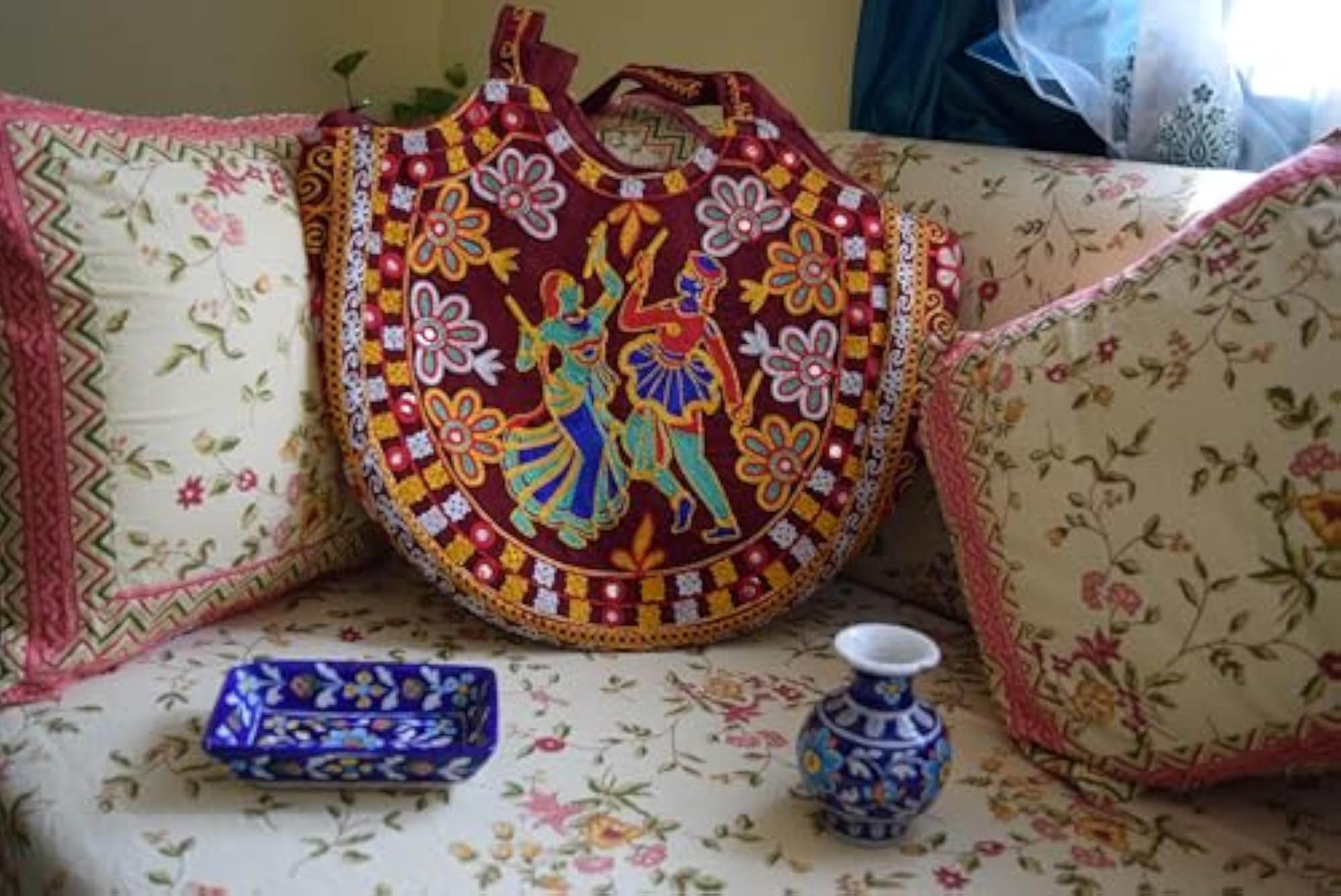 Red Multicolour Handcrafted Tote Bag with Indian Prints