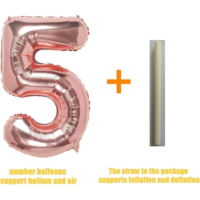 Image of Bubblebells Rose Gold 32 Inches 5 Numbers Shape Large Big Foil Helium Balloons for Party Decorations in Happy Birthday Anniversary Office Items Materials Set Pack