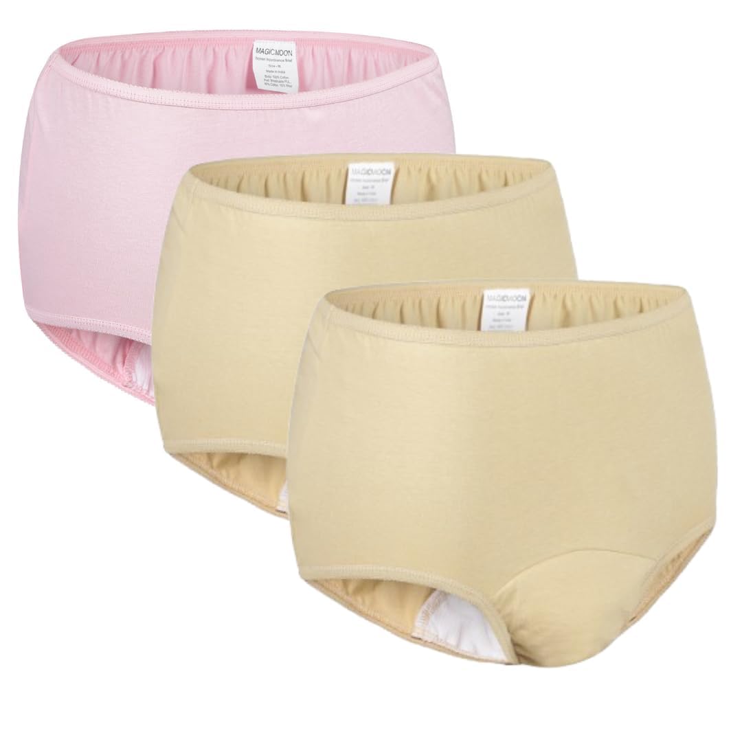 Magic Moon Reusable adult diaper, Washable adult diapers, Incontinence Protective Underwear for Women, Bedwetting Panties For Women, Beige Color(Pack of 2),Pink Color(Pack of 1) (XL(105-110) CM)-image-20